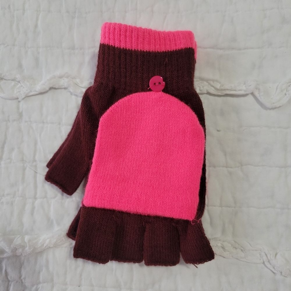 Old Navy 2 in 1 Convertible Mittens & Fingerless Gloves Neon Pink & Red NWT